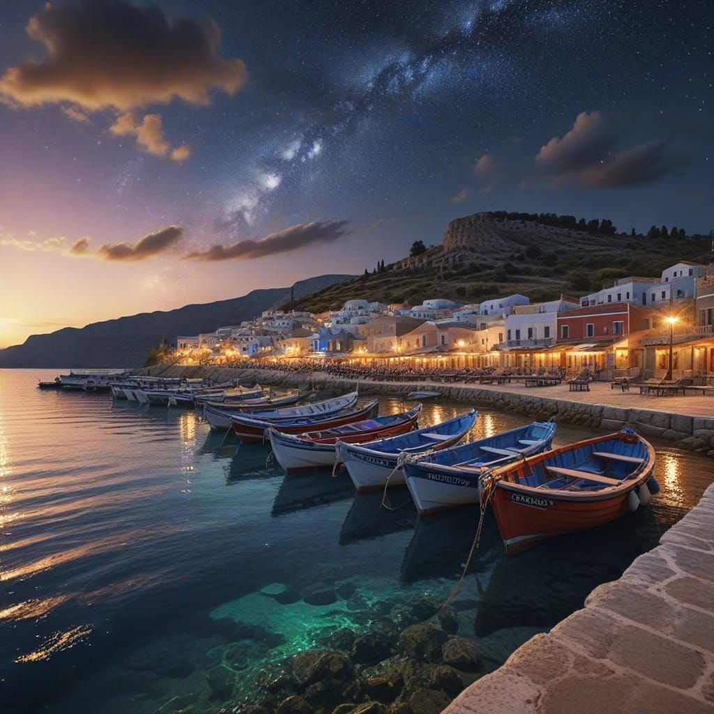 Picturesque Greek Harbor at Sunset Under Milky Way