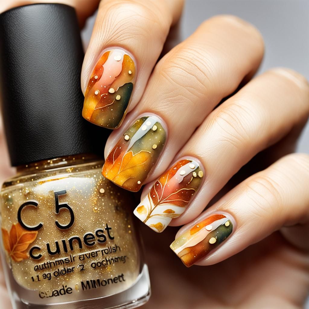 Autumn Watercolor Nail Art with Gold Accents
