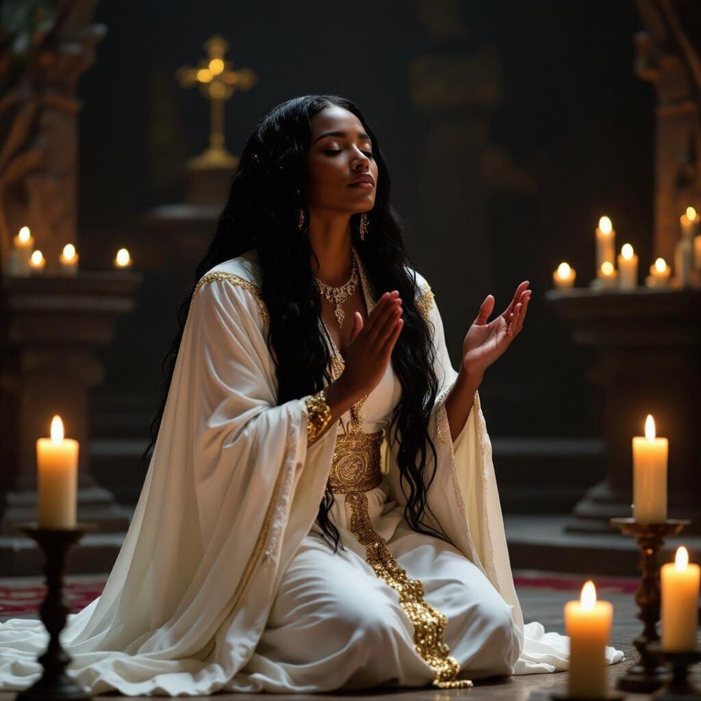 Woman in Prayer with Sword, Hyperrealistic Cinematic Style