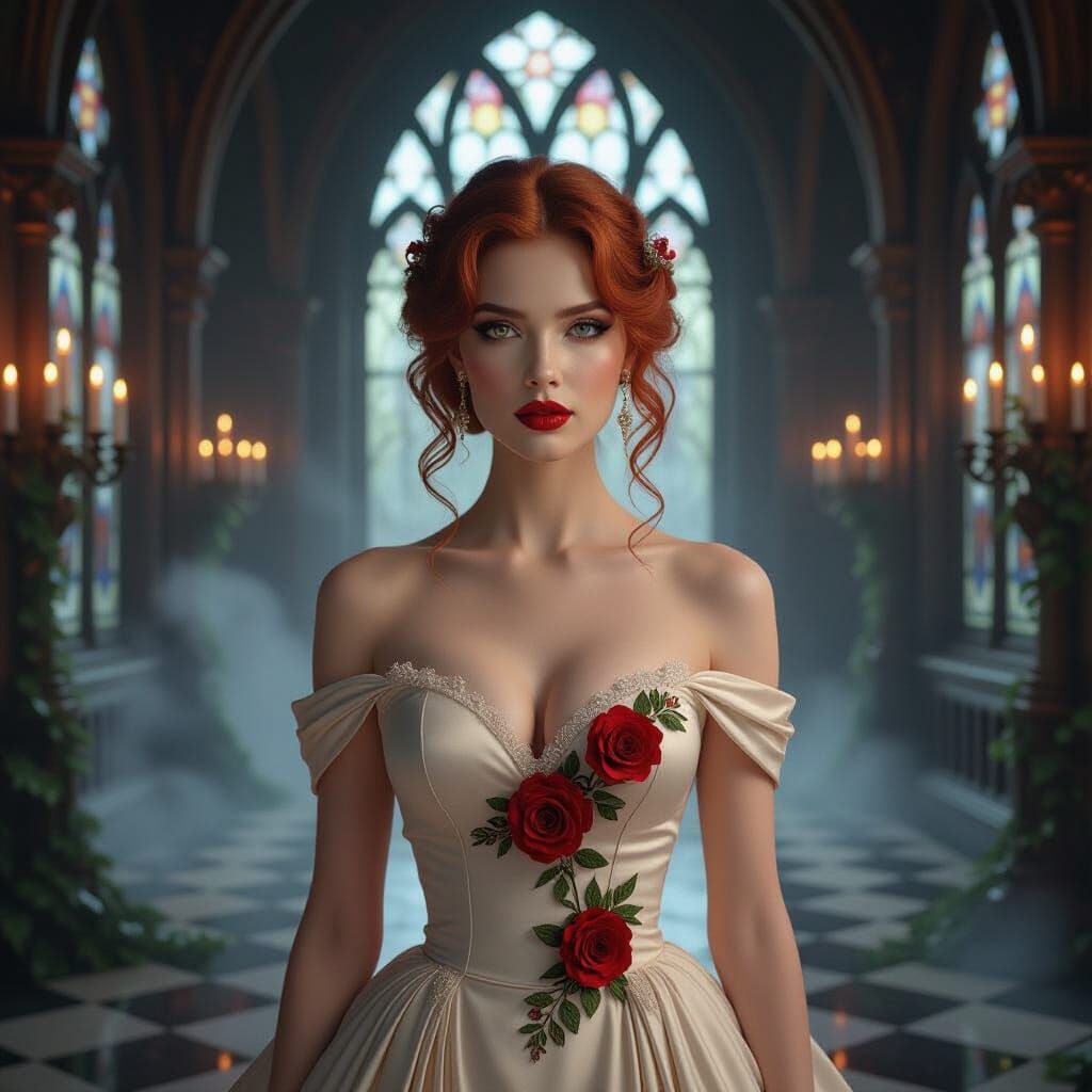 beautiful woman with red soft curls, red lips, and smoky eye...