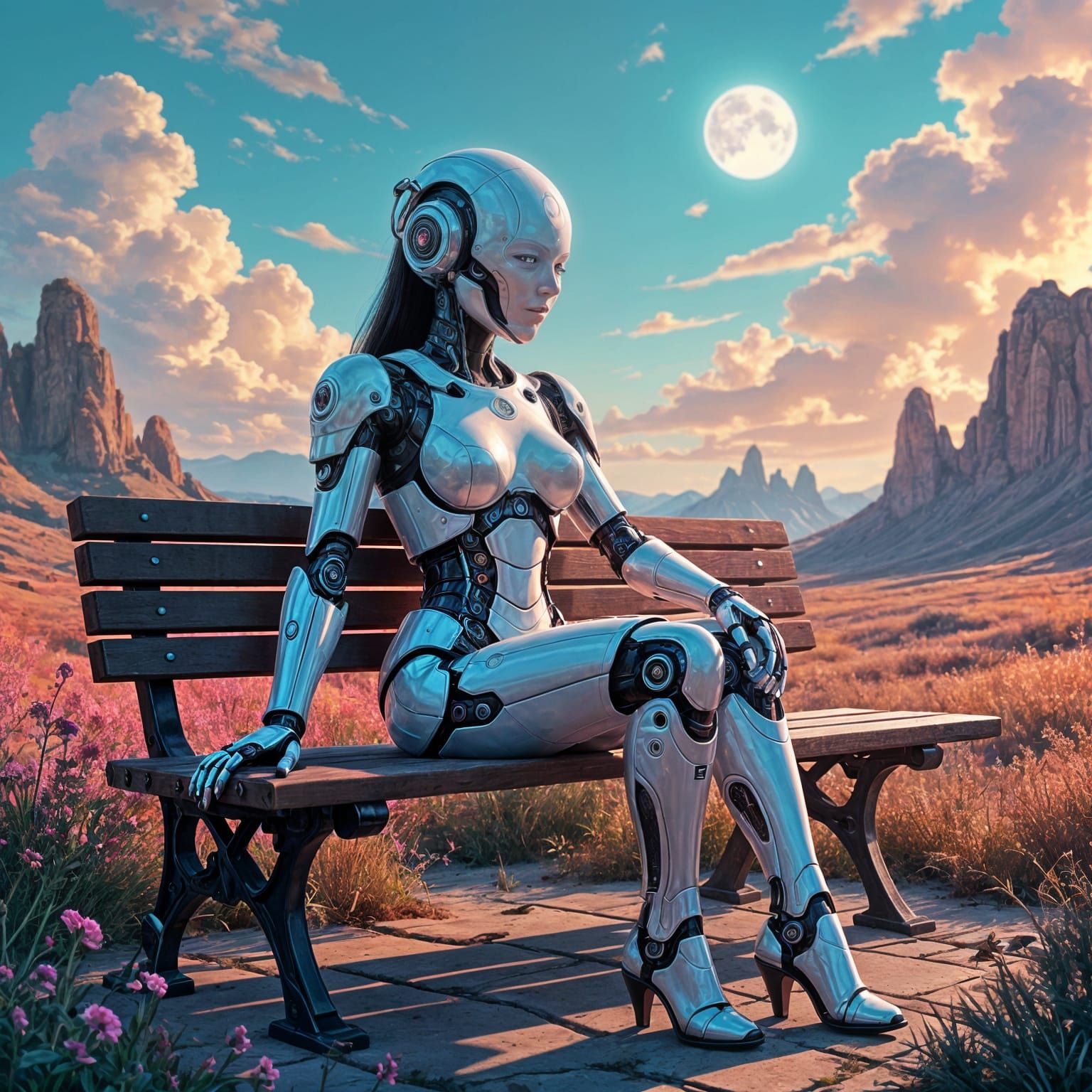 Cyberpunk AI Woman in Psychedelic Landscape