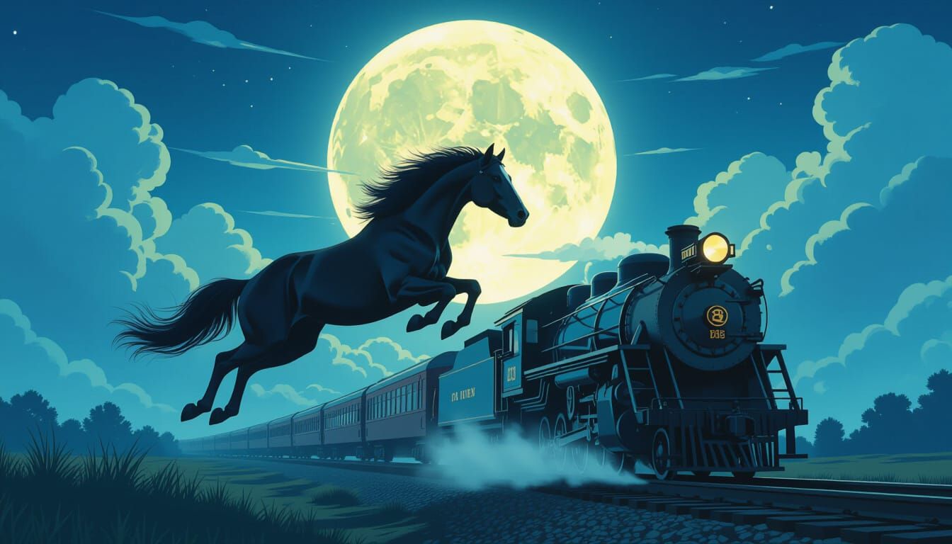 Horse Leaping Over Train in Retro-Futuristic Style