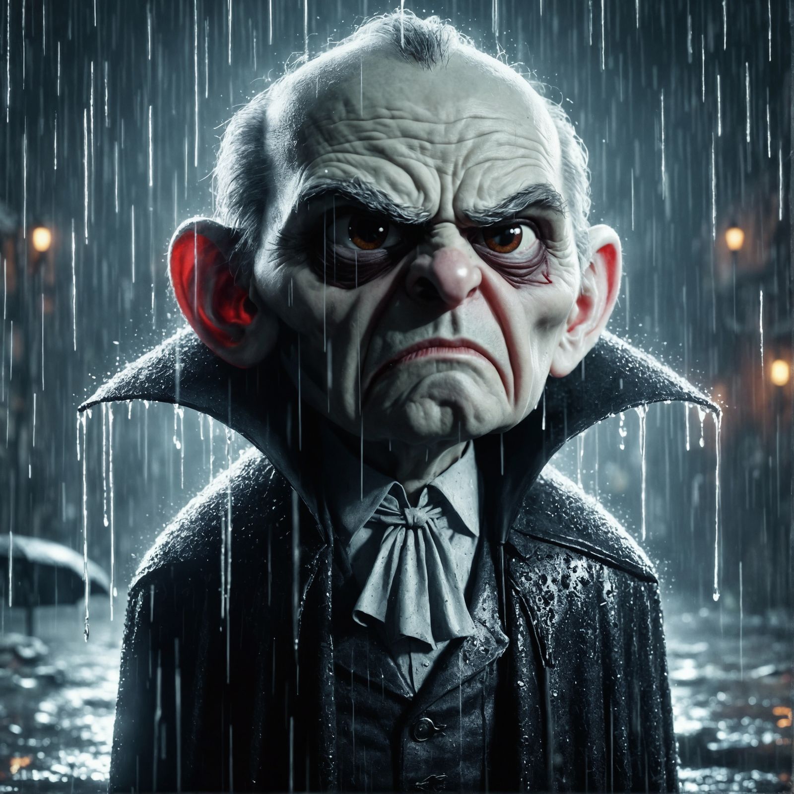 Grumpy Vampire Cartoon Character in the Rain