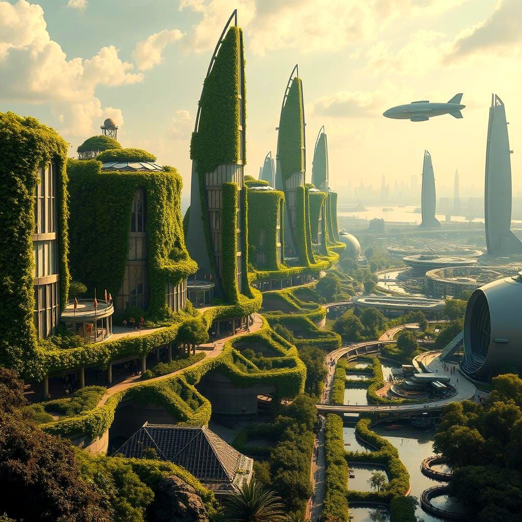 Lush Green Futuristic City with Spaceport