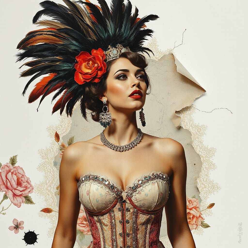 Vintage Showgirl Portrait in Surreal Collage Style