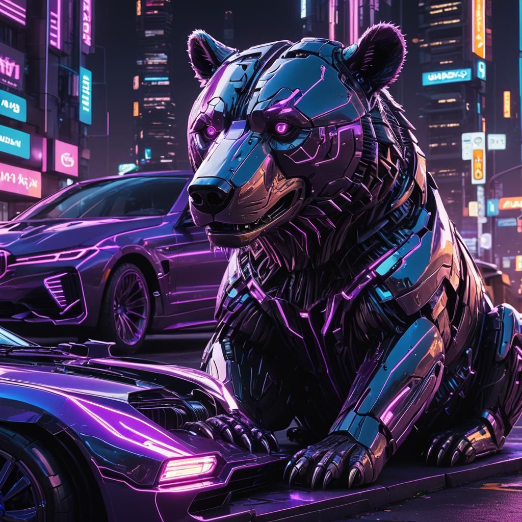 Cyberpunk Bear Devouring Car in Neon Cityscape