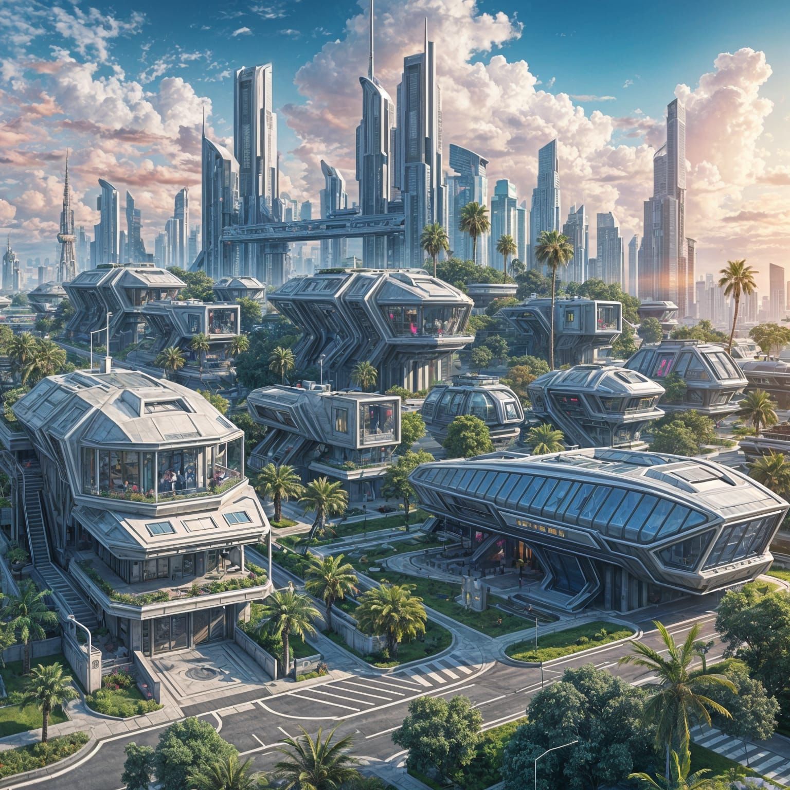 Futuristic Neighborhood with Neon Cityscape