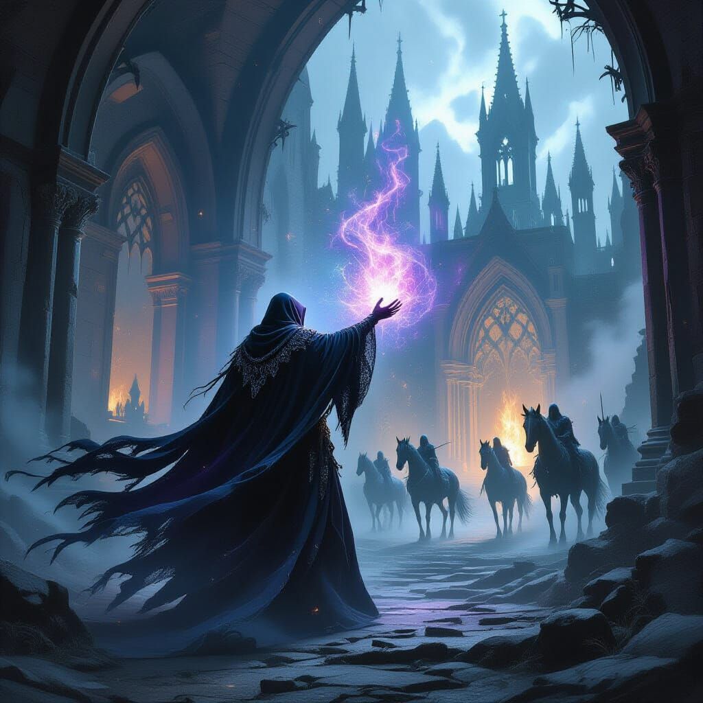 Wizard Illuminates Gothic Ruins with Magic Spell