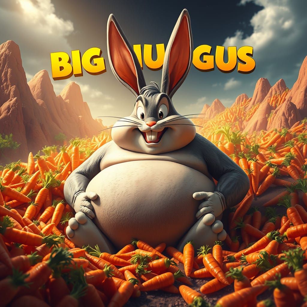 Vibrant Whimsical Cartoon Landscape of Obese Bugs Bunny Surr...