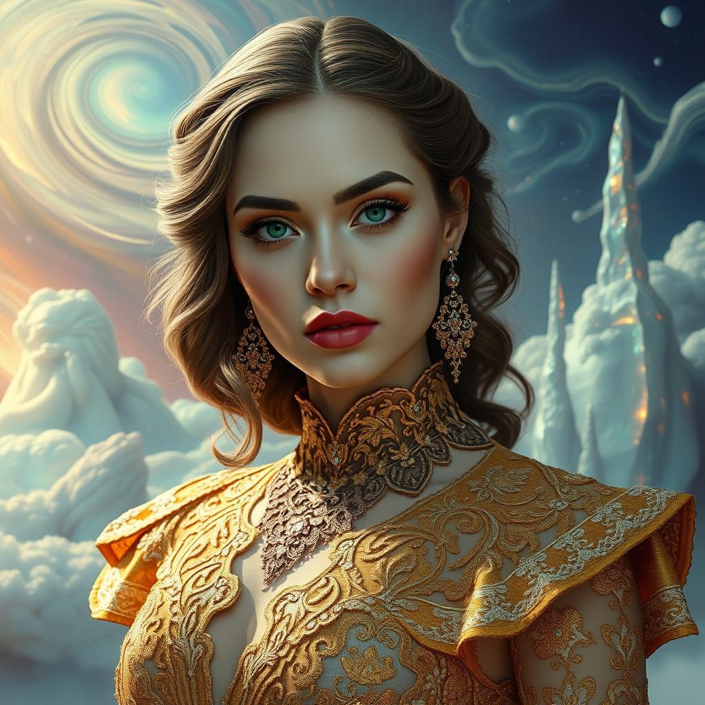 Ethereal Goddess in Dreamlike Futuristic Landscape