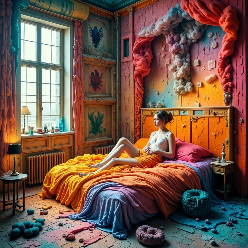 Woman Terrified in Felt Room, Surreal Hyperrealism