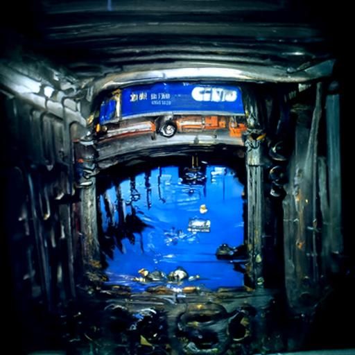 Dark Blue Subway and Sewage Channel Oil Painting