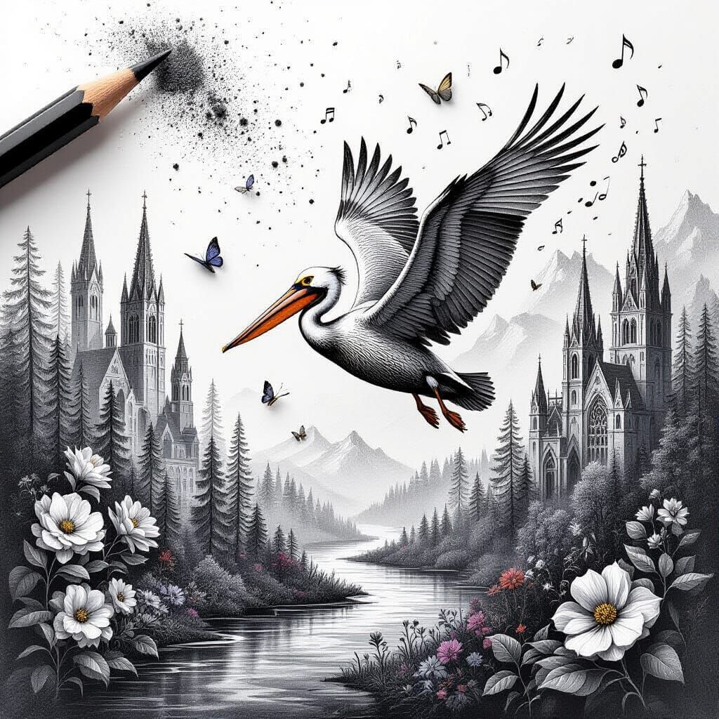 Graphite Pencil Sketches Pelican Transforming into Surreal L...