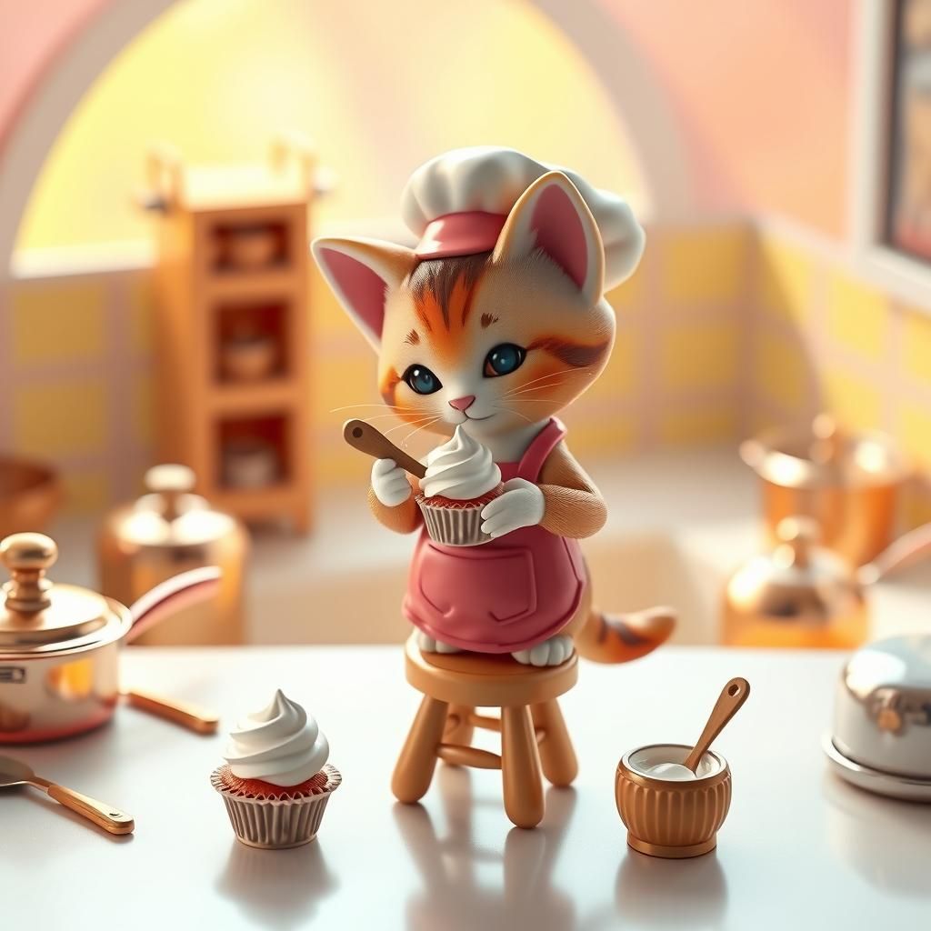 Kitten Chef Figurine in Cheerful Kitchen, 3D Art