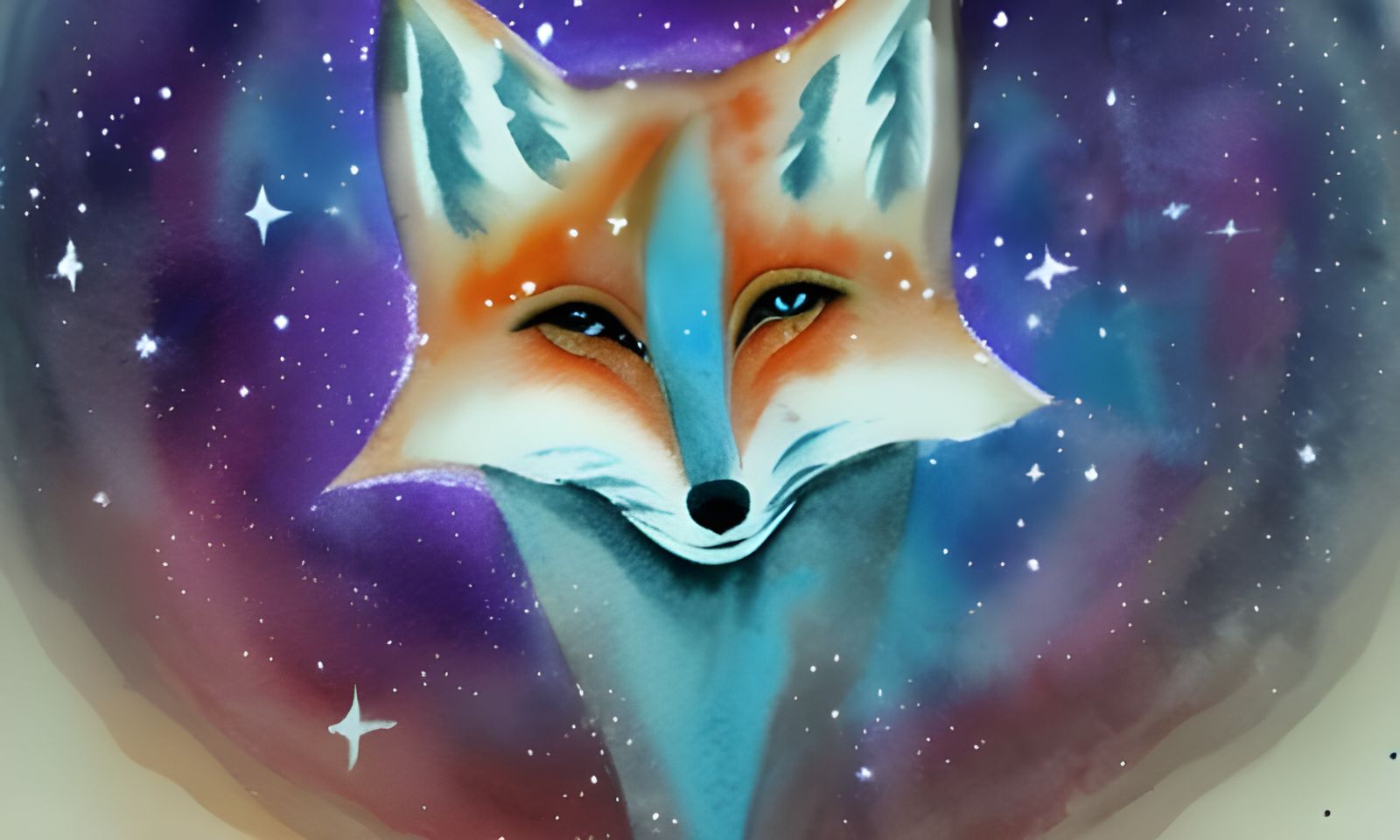 Watercolor Fox Face Among Ethereal Stars