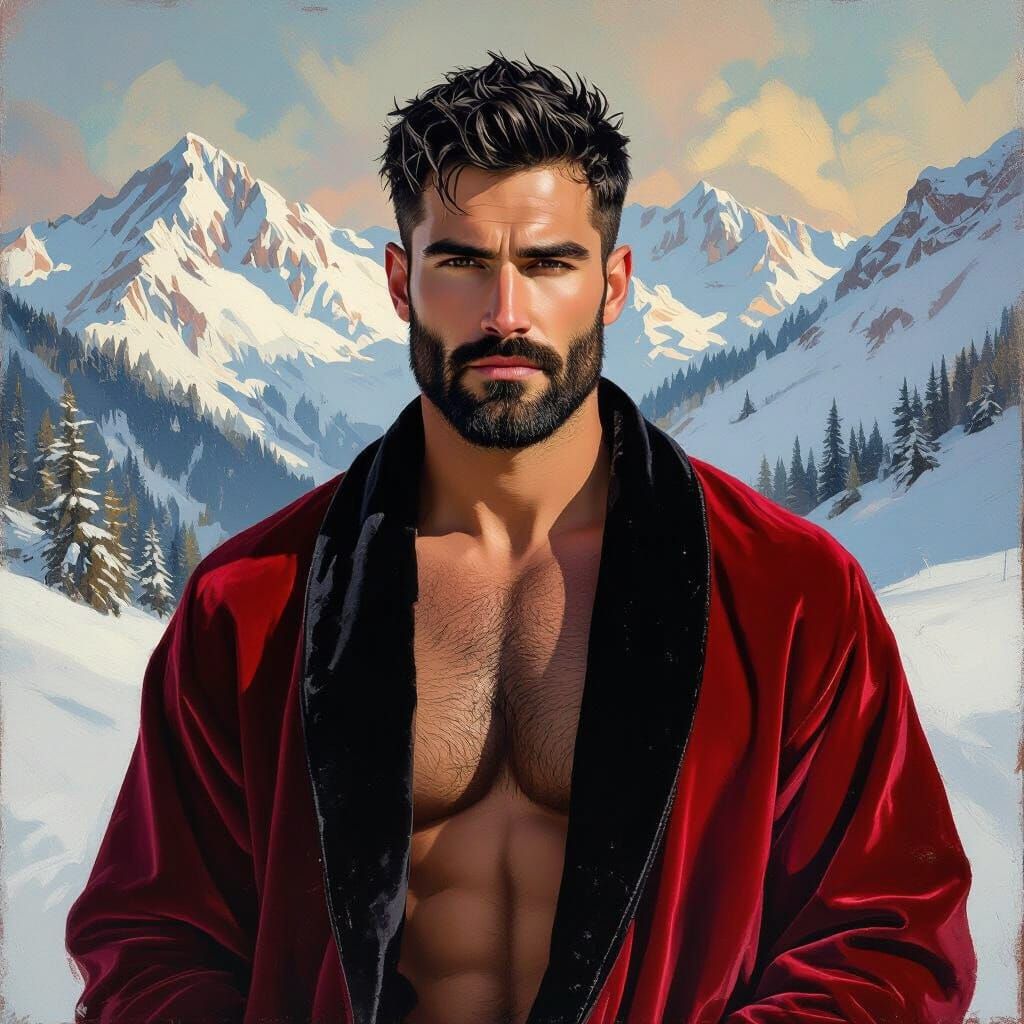 Melancholic Man in Snowy Landscape as Impasto