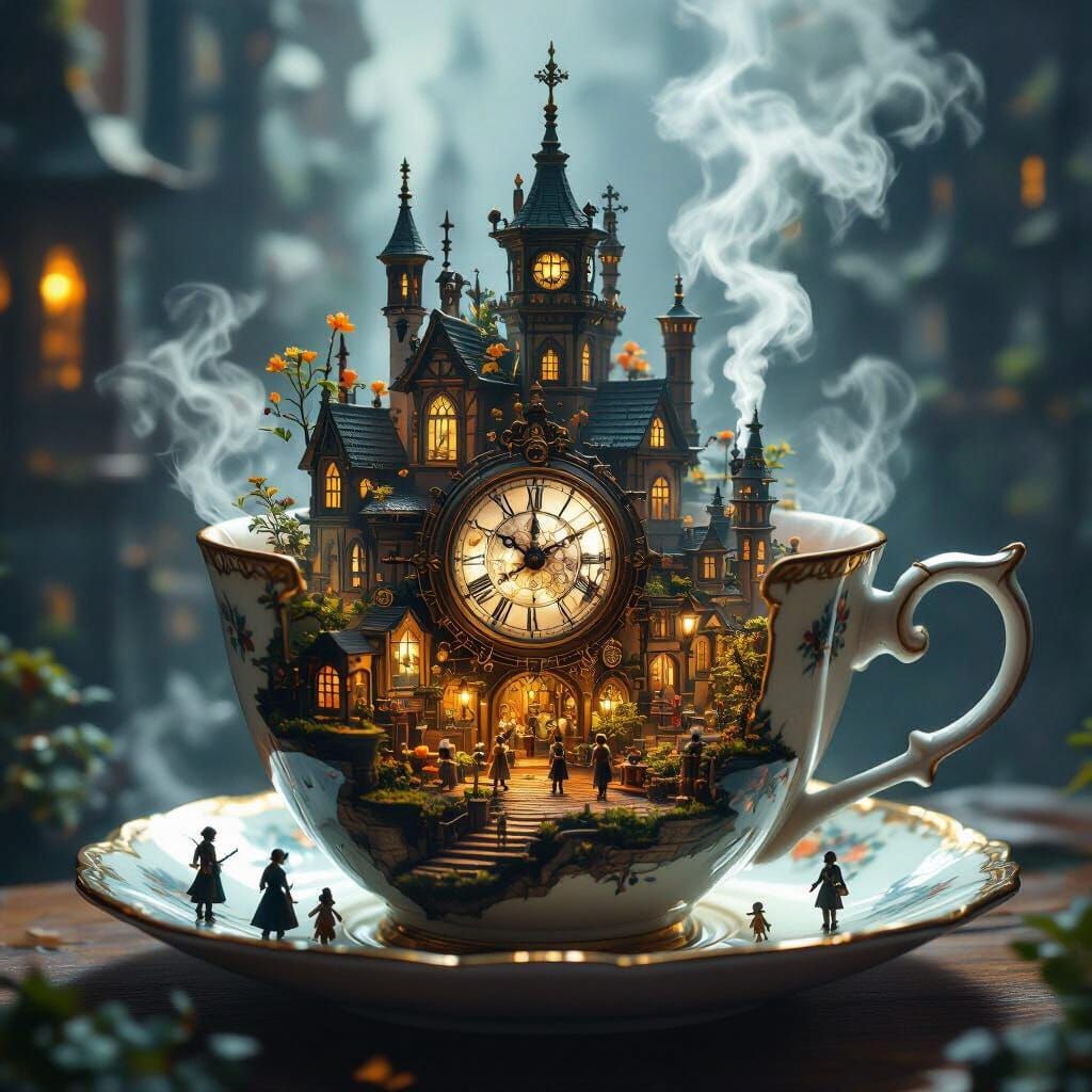 Clockwork City in Teacup: Surreal Diorama Style