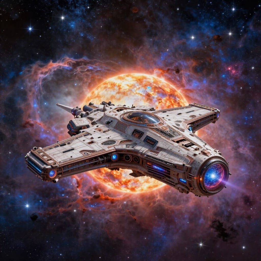 Solar Punk Spaceship in Vibrant Nebula Digital Painting