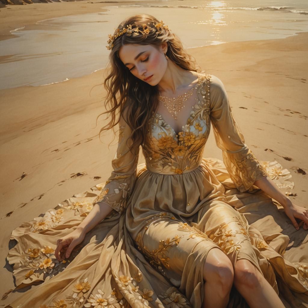 Ethereal Woman in Golden Dress, Watercolor Style