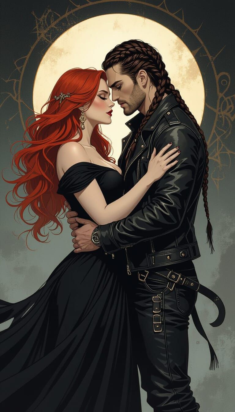 Modern Witch Embraces Biker Warrior in Moody Atmosphere