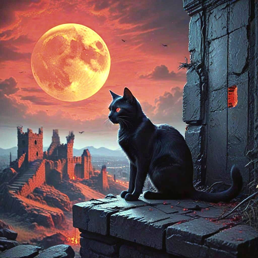 Black Cat Under Blood Moon in Dark Fantasy Style