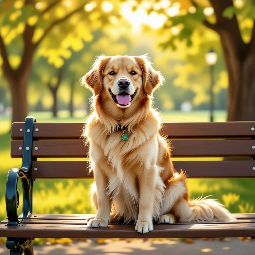 Fluffy Golden Retriever on Park Bench in Digital Painting St...