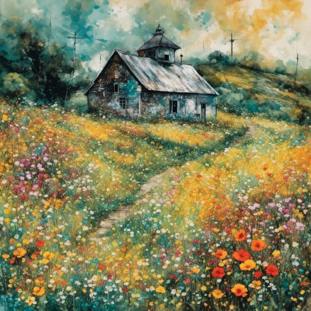 Fantasy Farmhouse with Flowers, Graffiti Style