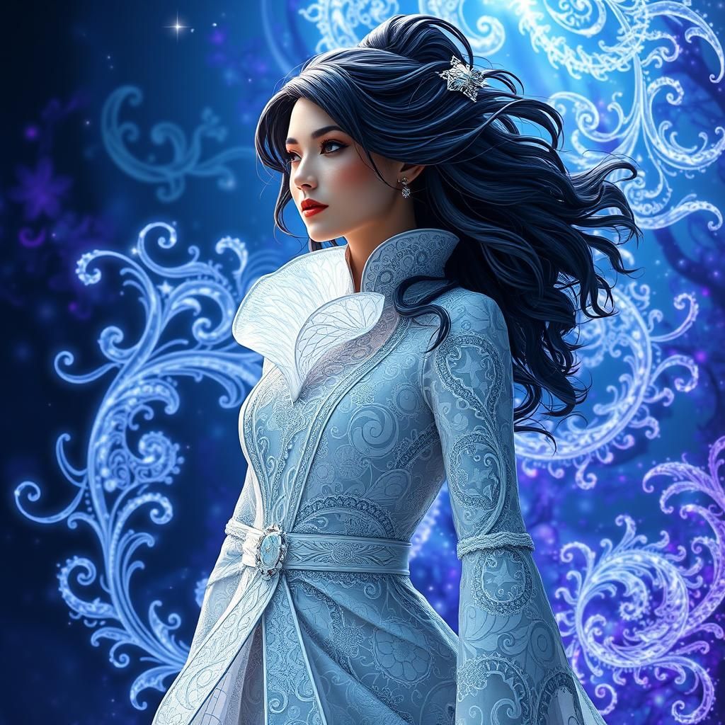 Elegant Lady in White Fractal Zentangle Attire