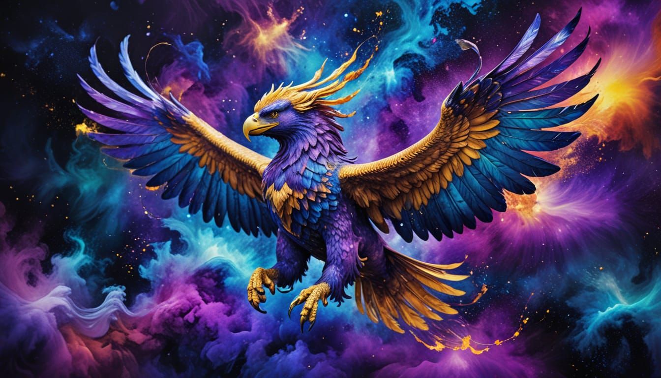 Griffin Soaring Through Nebula in Alcohol Ink Style