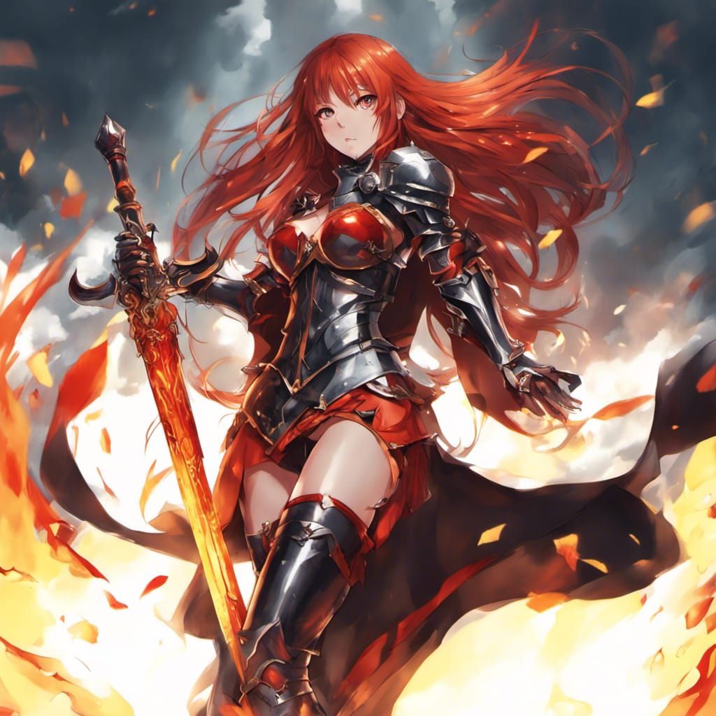 Anime Knight with Flaming Sword and Red Hair