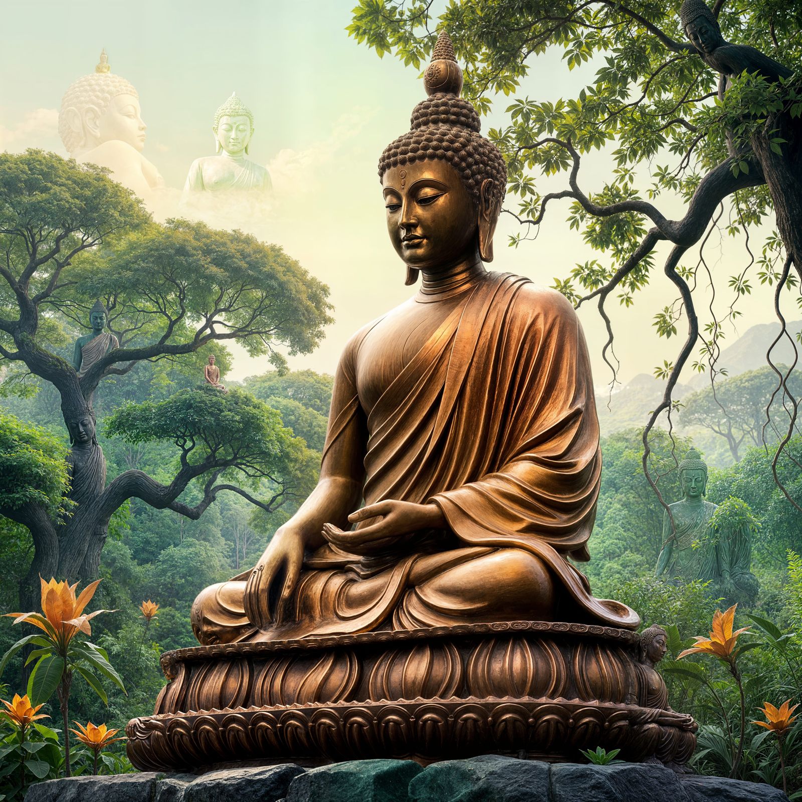 Buddha Copper Statue Amidst Lush Nature