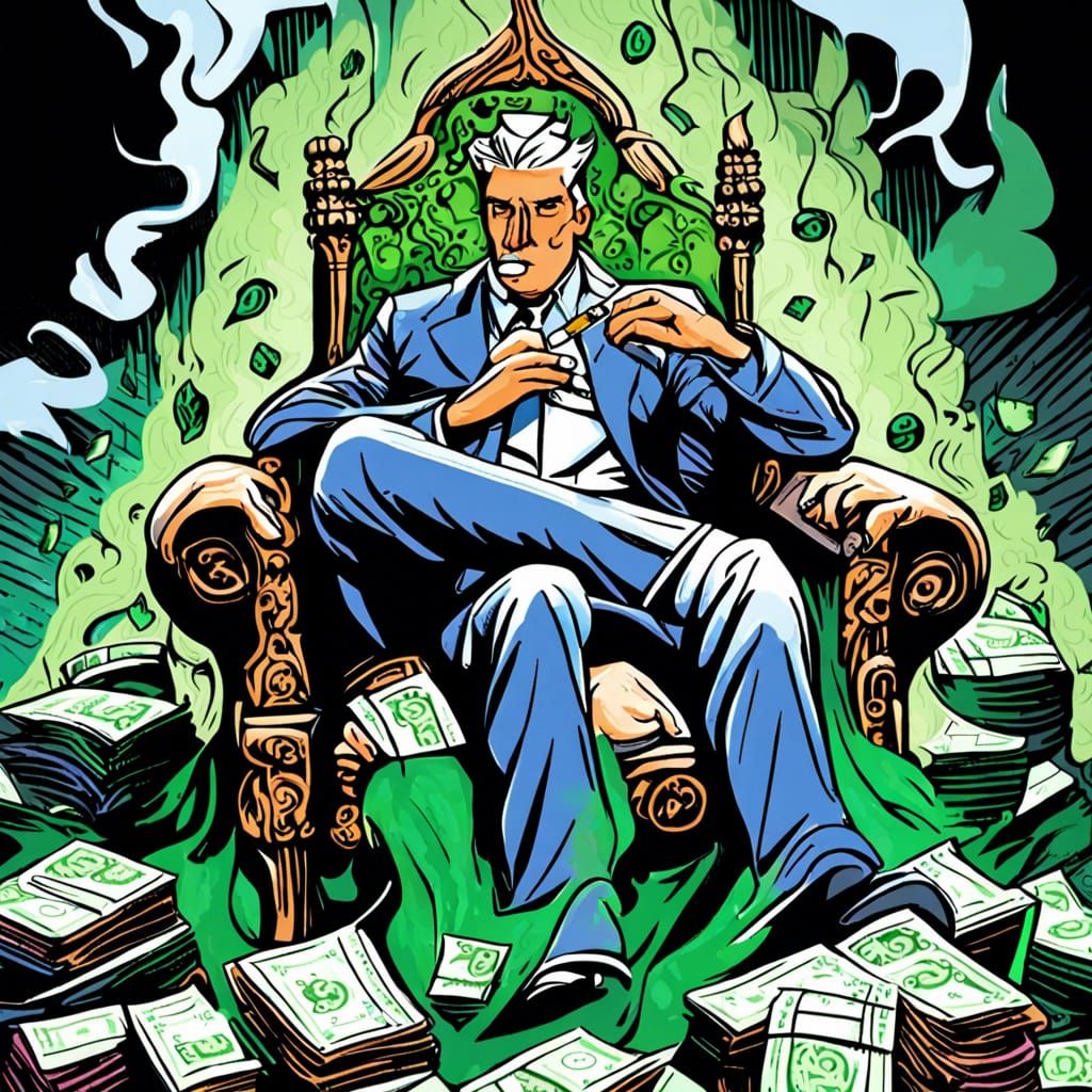 Abstract Figure Smoking Money Cigar on Throne