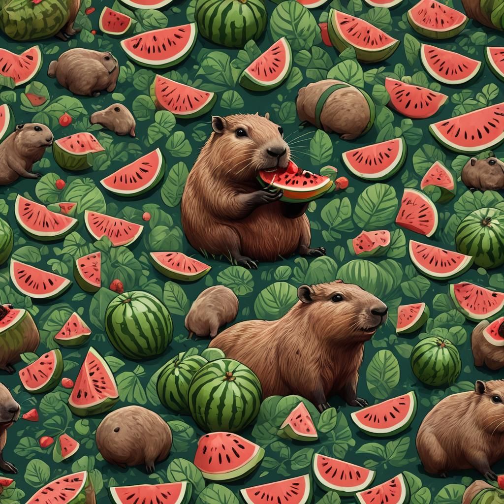 Capybara Eating Watermelon: Detailed Matte Painting
