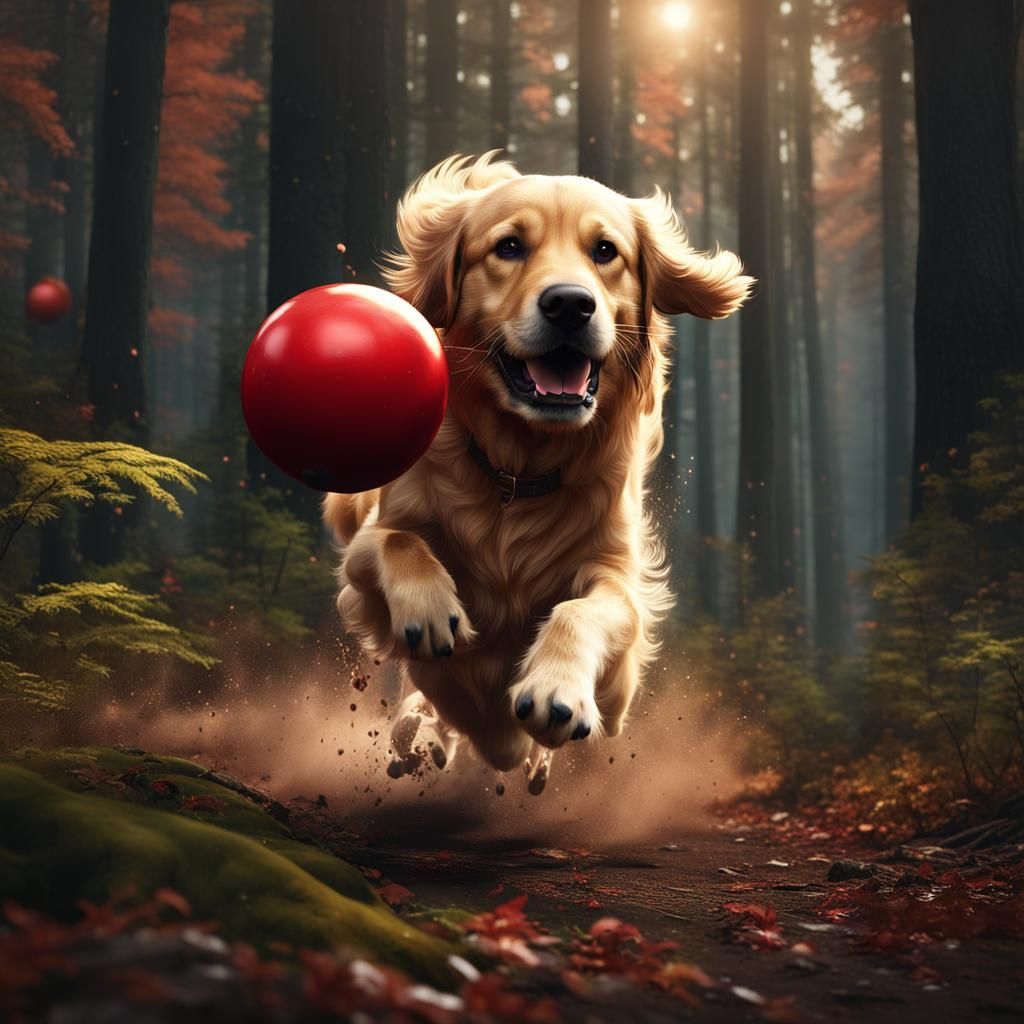 Golden Retriever Runs After Ball: 4K Detailed Painting