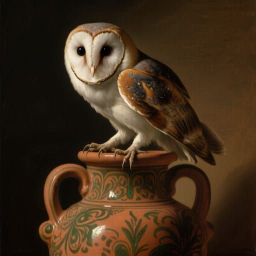 Owl perched on 20th century Italian terracotta vase.