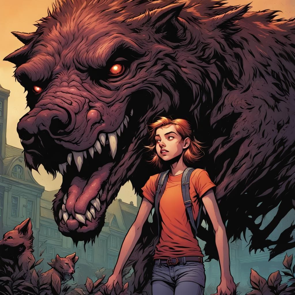 Girl and Monster Hound in Comic Book Style