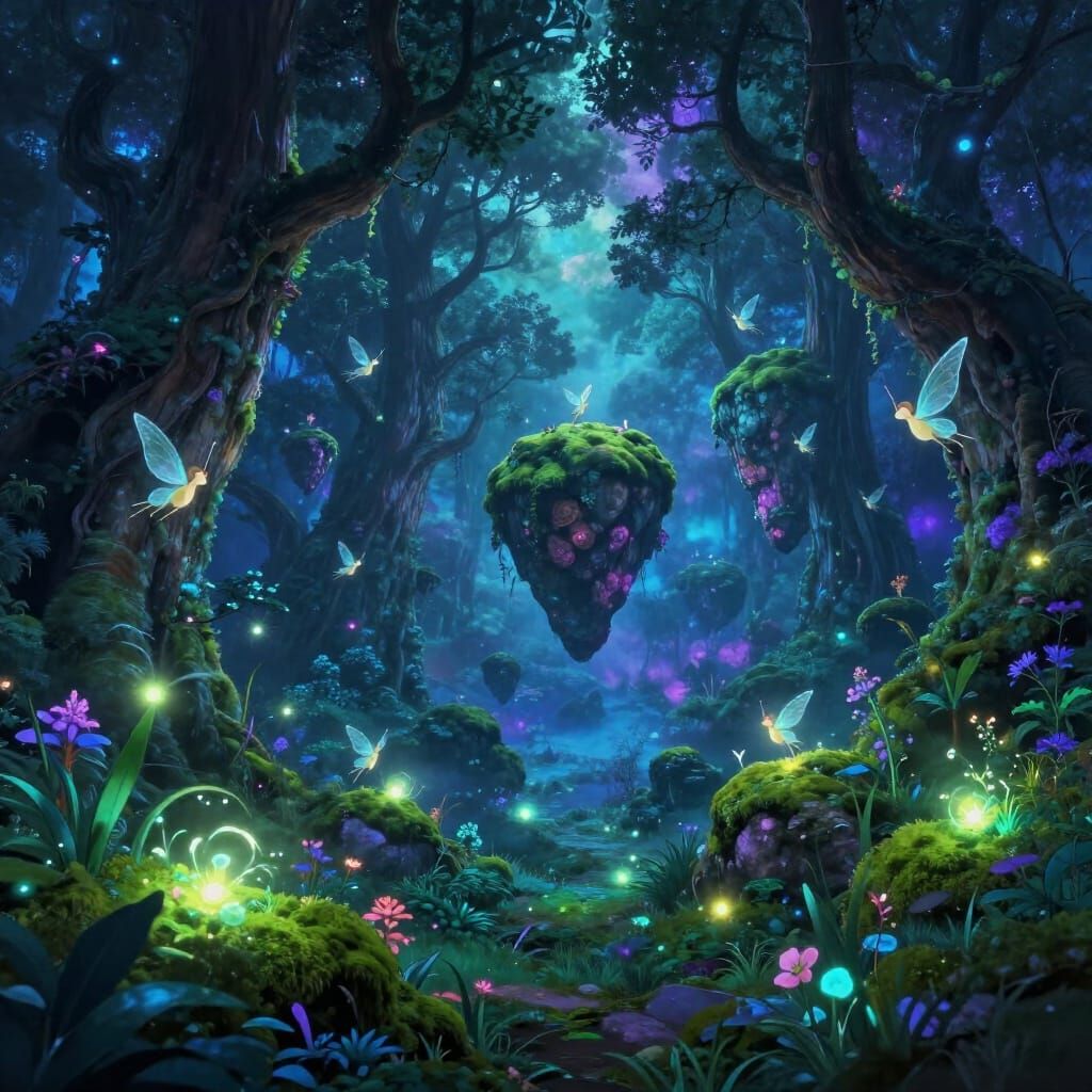 Mystical Forest Twilight With Floating Rocks And Glowing Pla...