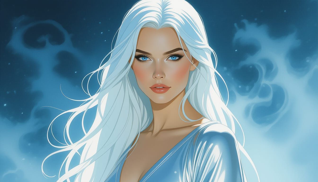 Serene Mistscape with Silver-Gowned Woman