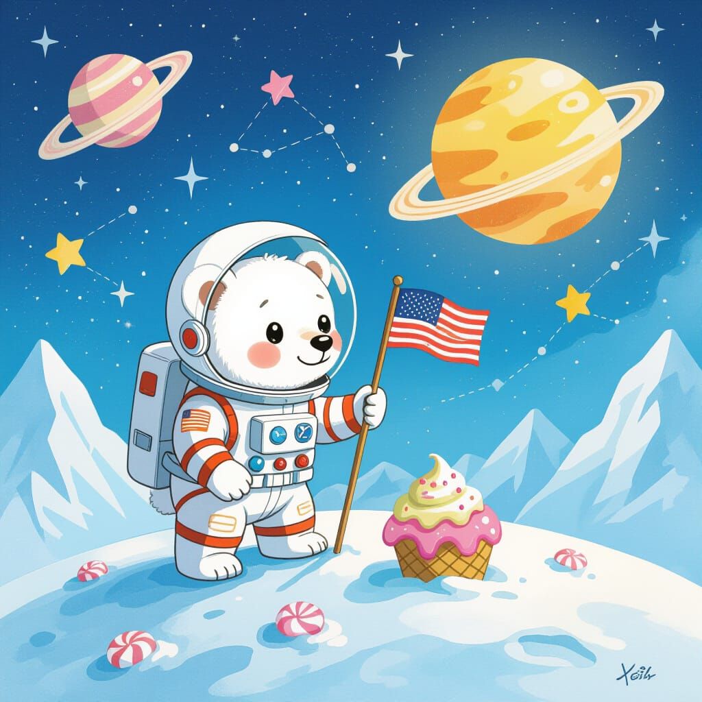 Polar Bear Cub Astronaut on Ice Cream Planet