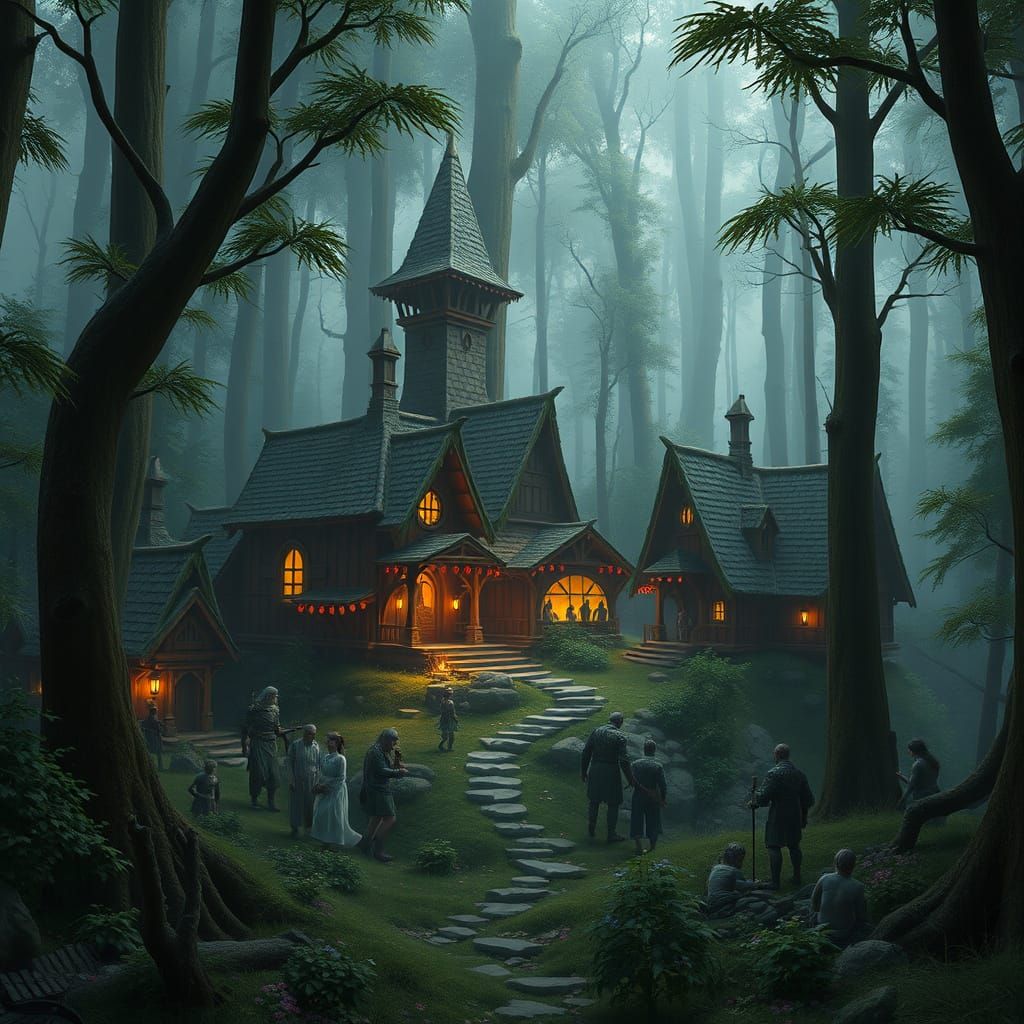 Whimsical Elf Village in a Vibrant Forest