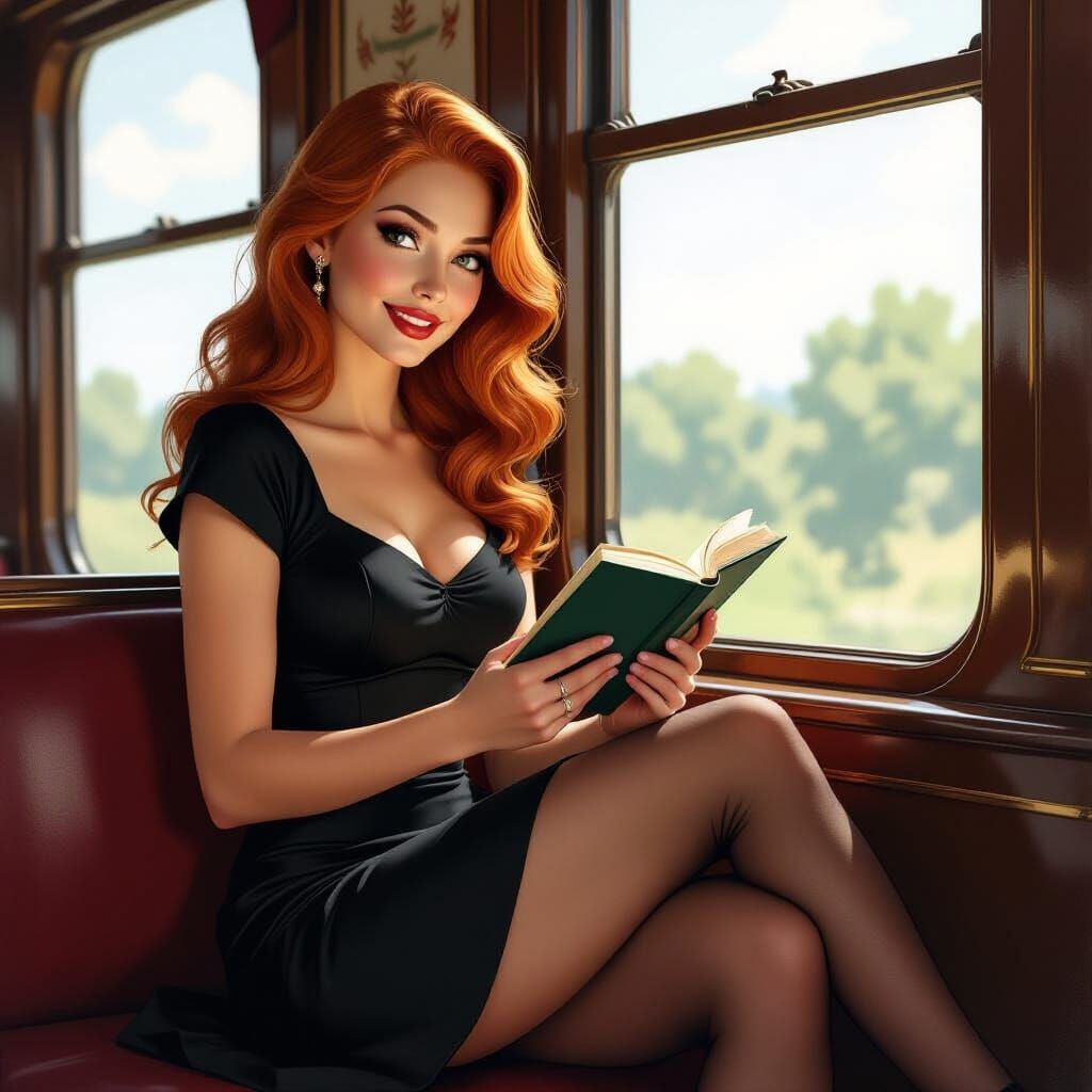 Elegant Woman on Train in Art Nouveau Style