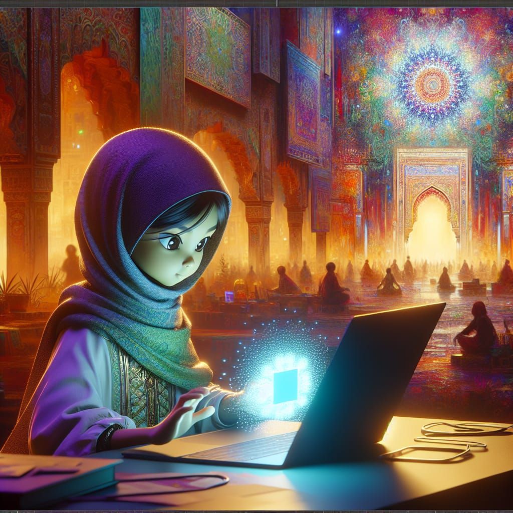 Animated Girl Working on Laptop in Detailed Matte Painting