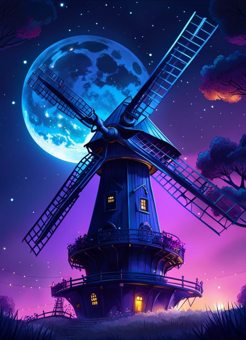 Sci-Fi Windmill Under Moonlight in Comic Book Style