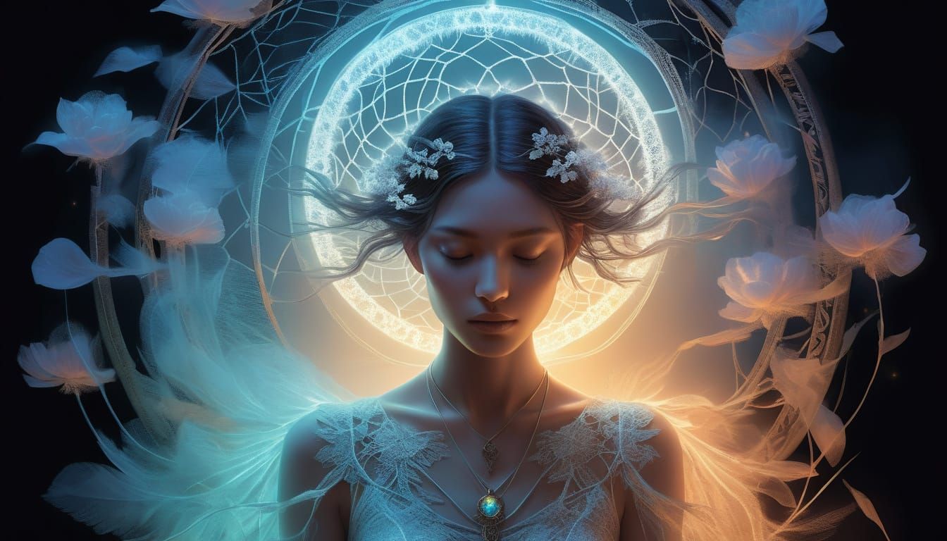 Hyper-detailed metaphysical picture (ethereal translucent lace petals:3) dreamy; ball of light at chest levels