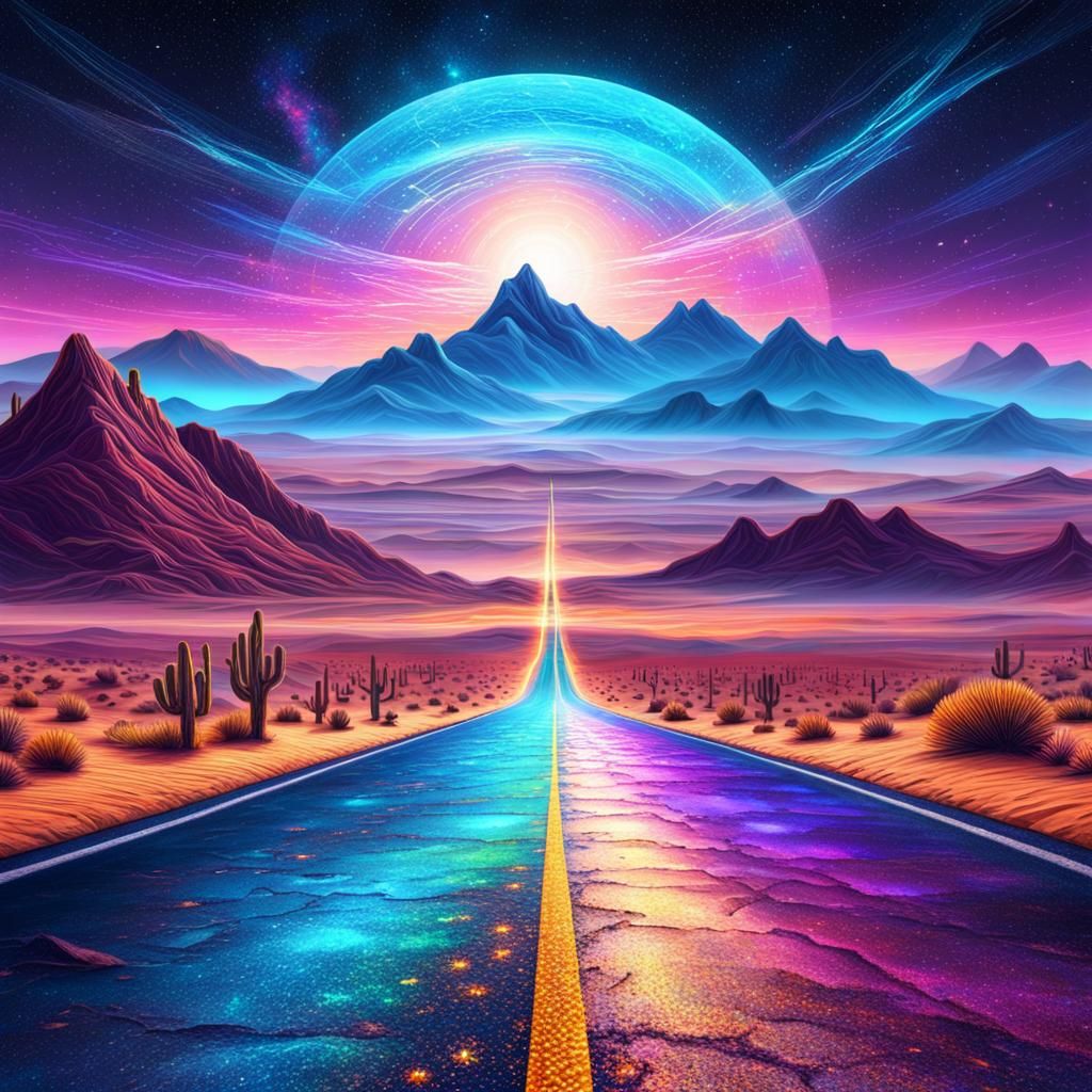 Desert Highway to Distant Mountains, Astral Illustration