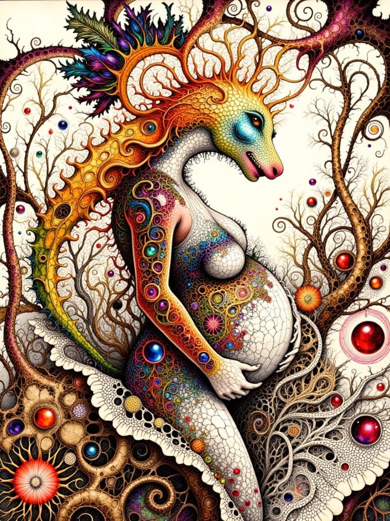 Pregnant Vogue Model in Intricate Neon Orchid Macro