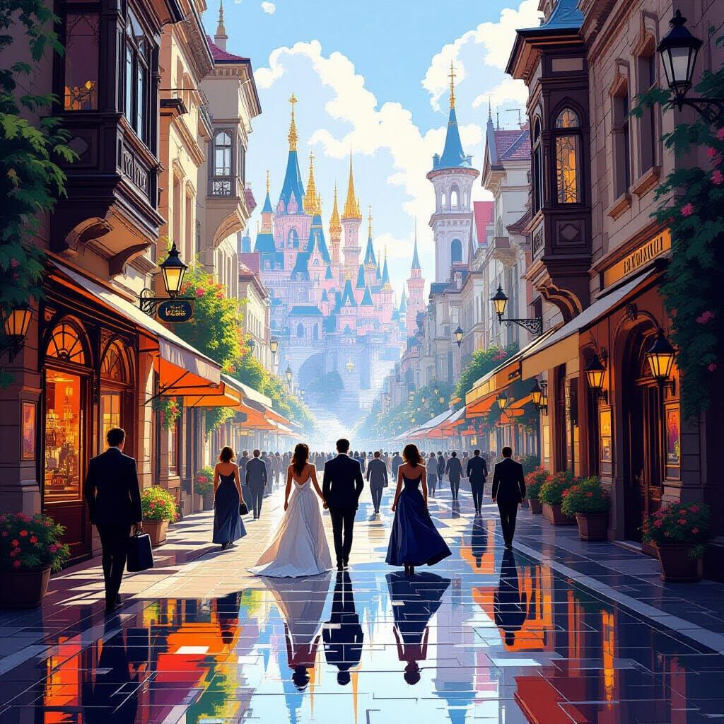 Elegant People in Fantasy City Street Scene