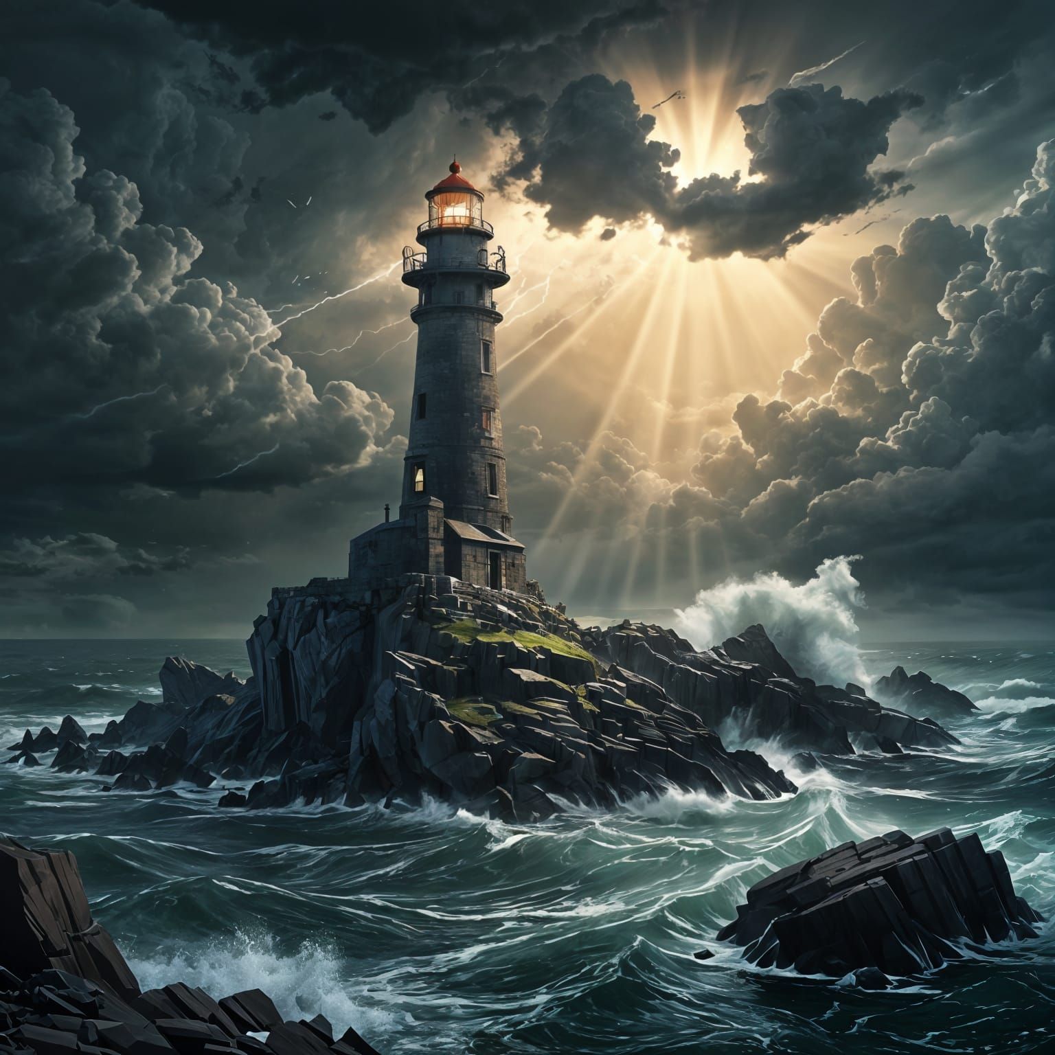 Lighthouse in Storm, Botanical Art Style