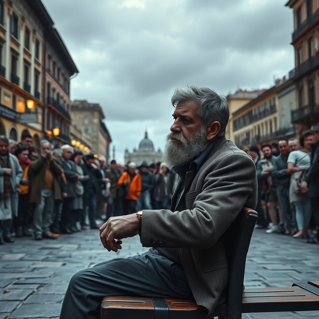 Sad Italian Geologist in a Square