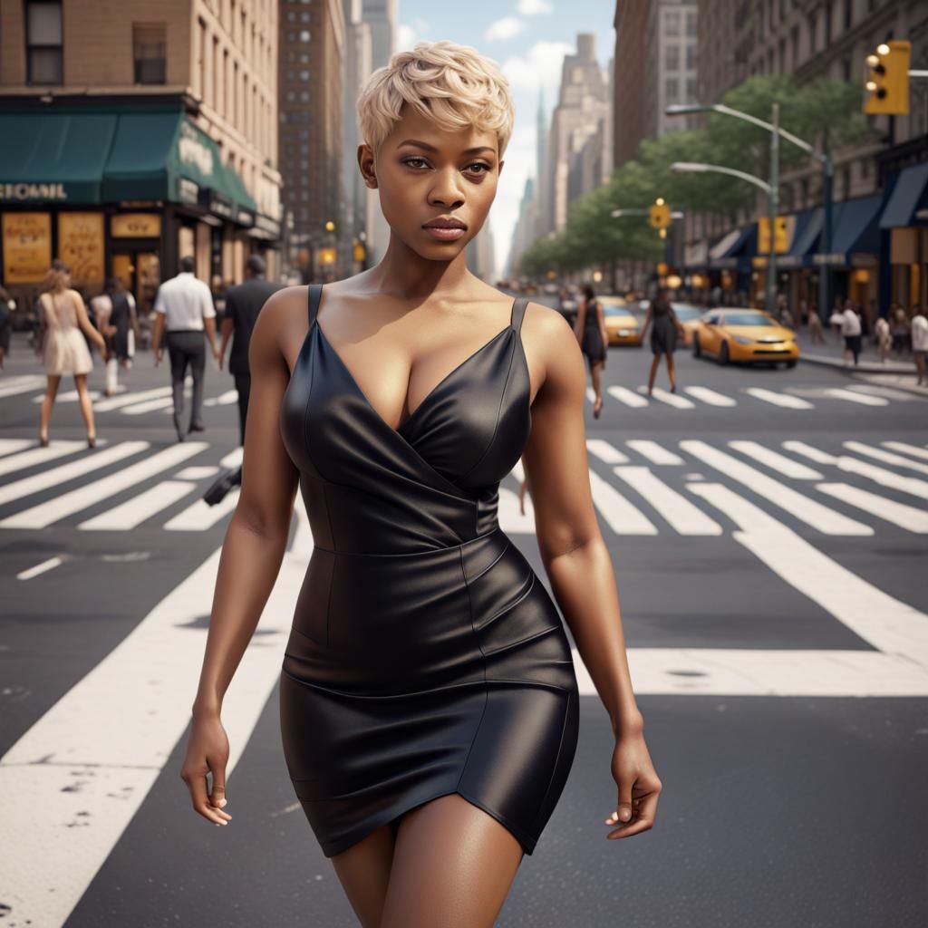 Stylish Woman in Silk Dress Crossing NYC, Matte Painting